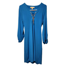 Michael Kors Turquoise Midi Dress Silver Chain Belted Jersey Size M