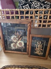 (2)Handmade Dried Flower Signed Art Wood Frames Black Mattes 8"X6", 11.5"X9.5" 