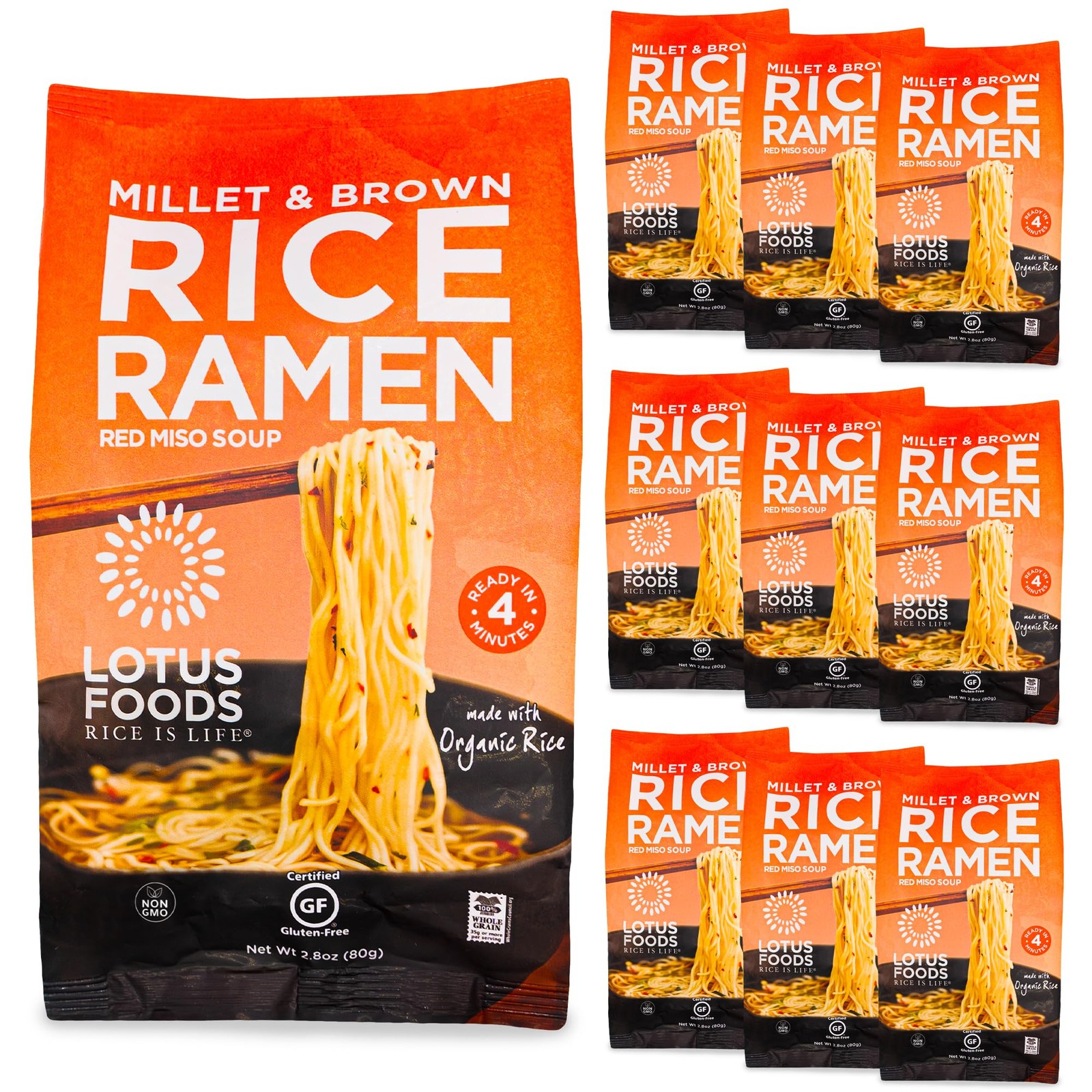Fideos Ramen de arroz integral con mijo orgánico con sopa de miso rojo - Paquete de 10 sin gluten
