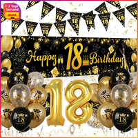 18. Geburtstag Deko Set Girlande Banner Folienballon Schwarz Gold Party Deko