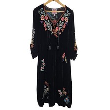 Johnny Was Ardell Floral Embroidered Velvet Boho Black Silk Blend Midi Dress M