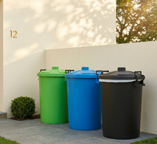 Image of 3 x Plastic 50L Dustbin Storage Heavy Duty with Lids Black Sky Blue & Lime Green