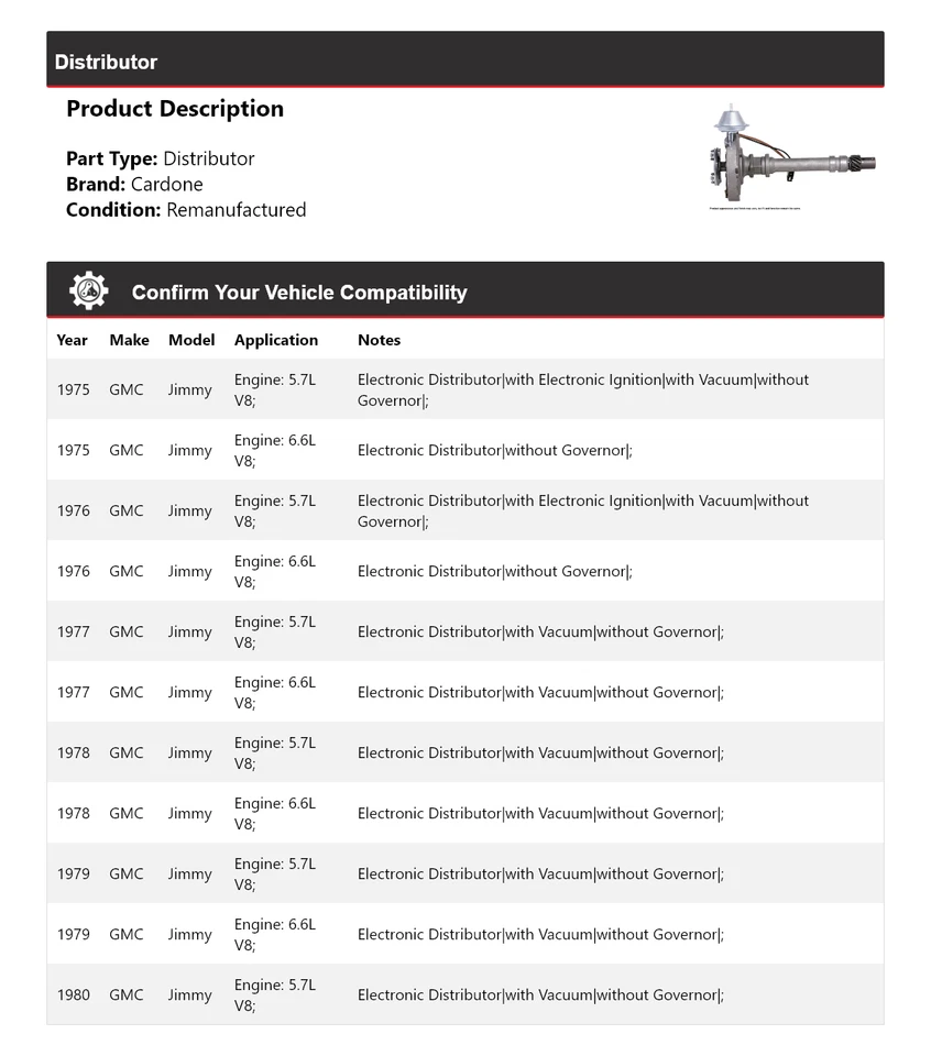 Для 1975-1980 GMC Jimmy дистрибьютор Cardone 1976 1977 1978 1979 - Изображение 2 из 4