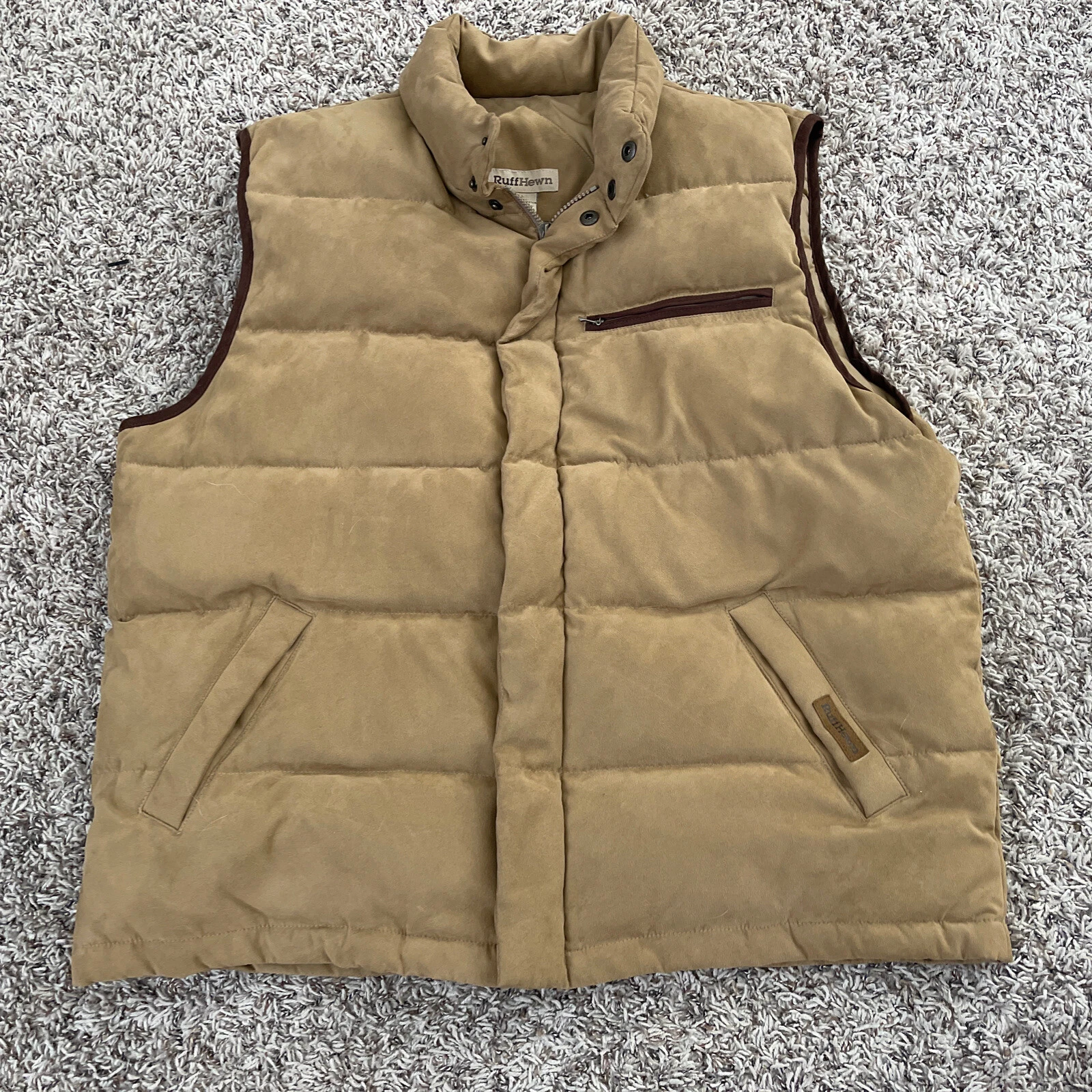 Ruff Hewn Down Feather Filled Puffer Vest Mens Large Brown Full Zip Snap Buttons