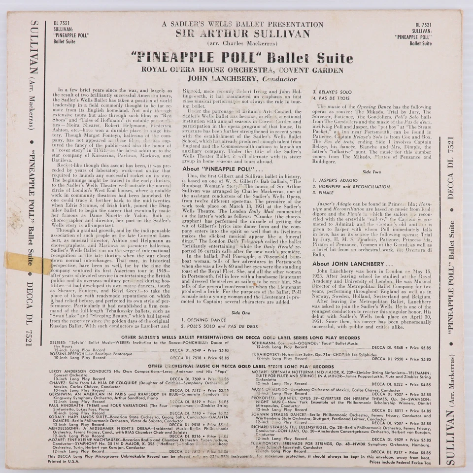 Sir Arthur Sullivan "Pineapple Poll" Ballet Suite - 1951 10" LP Record DL 7521 - Image 2 of 4