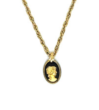 Goldtone CAMEO Oval BLACK Frame NECKLACE Vintage Twisted Chain 24"
