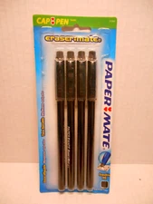 4 Pack PAPER MATE Erasermate Medium Black Tip Ballpoint Pens NEW Eraser Pen 2006