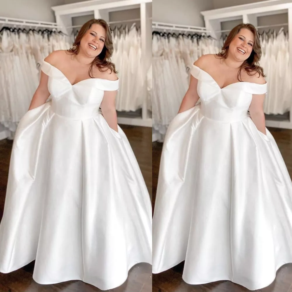 Simple Plus Size Wedding Dresses White Ivory Satin Off the Shoulder Bridal  Gowns