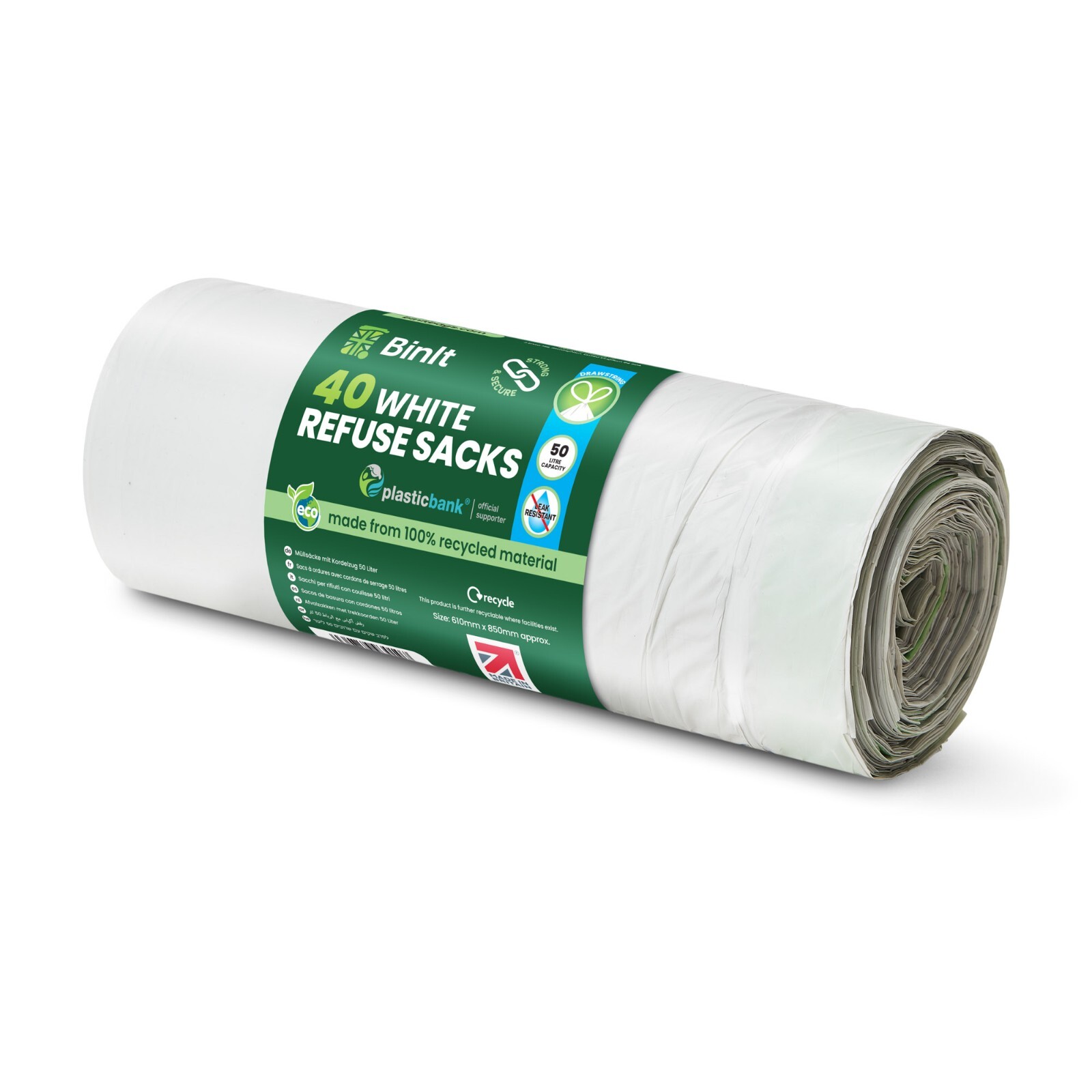 BIN IT 40 White Drawstring 50L Strong & Secure, Refuse Sacks, Bin Bags