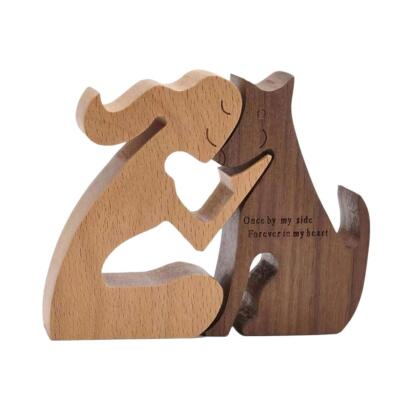 Hand Carved Wood Dog Human Statue Pet Memorial Ornaments Figurine for Dog  FAST