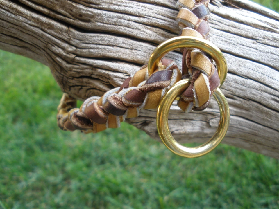 BRAIDED LEATHER SLIP/CHOKE COLLAR, 3/8" X 13.5", BROWN &TAN, BRASS RINGS - Image 2 of 4