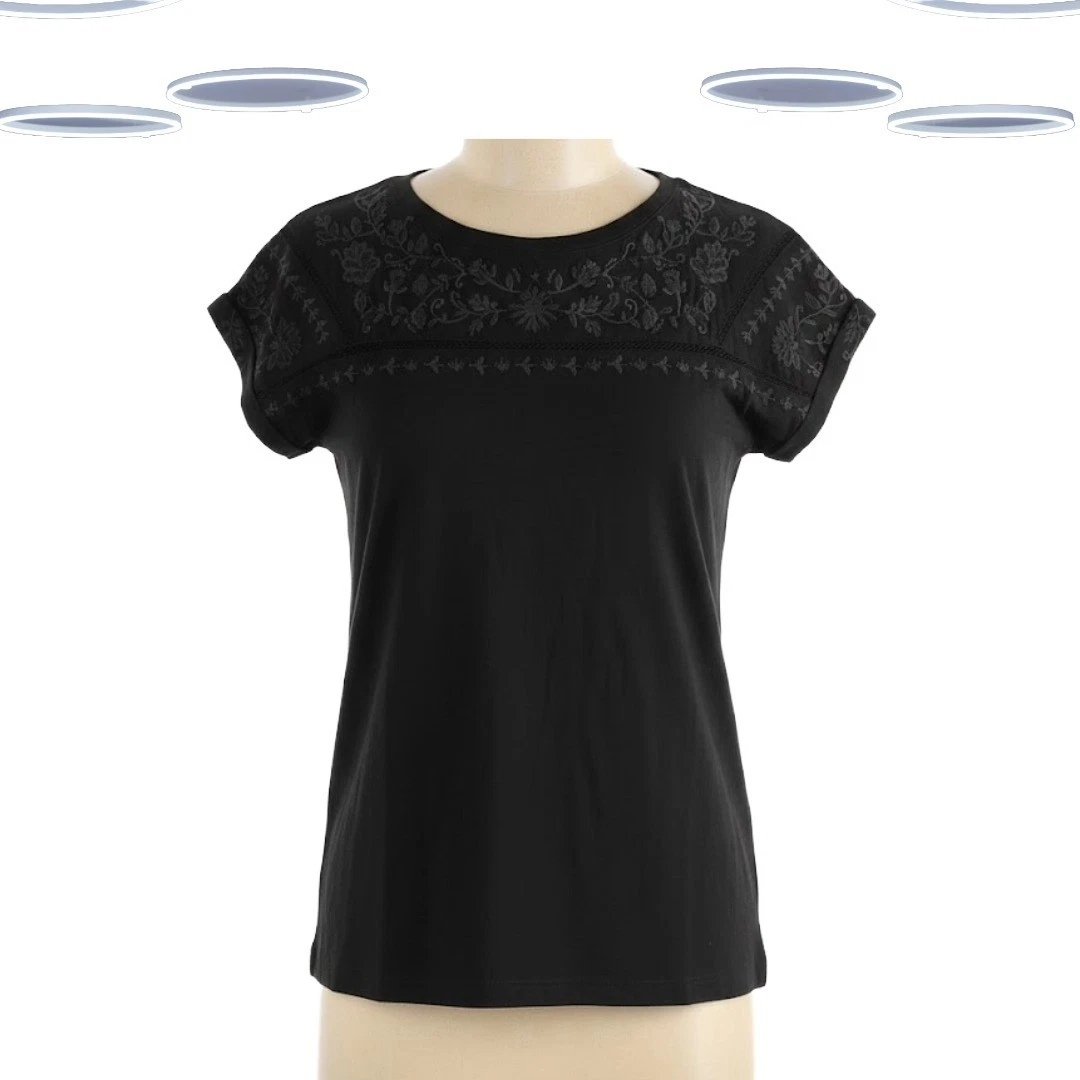Ex Fat Face Women's T-shirt Black Embroidered Short Sleeve Cotton (Defect)