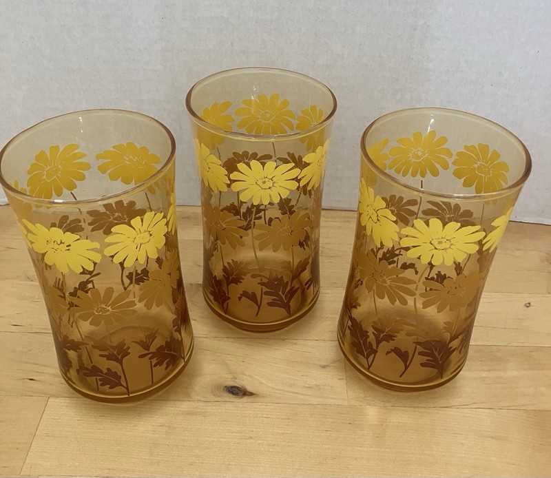 Vintage Libby Gold Daisy Drinking Glasses/Tumblers (3) MCM Original