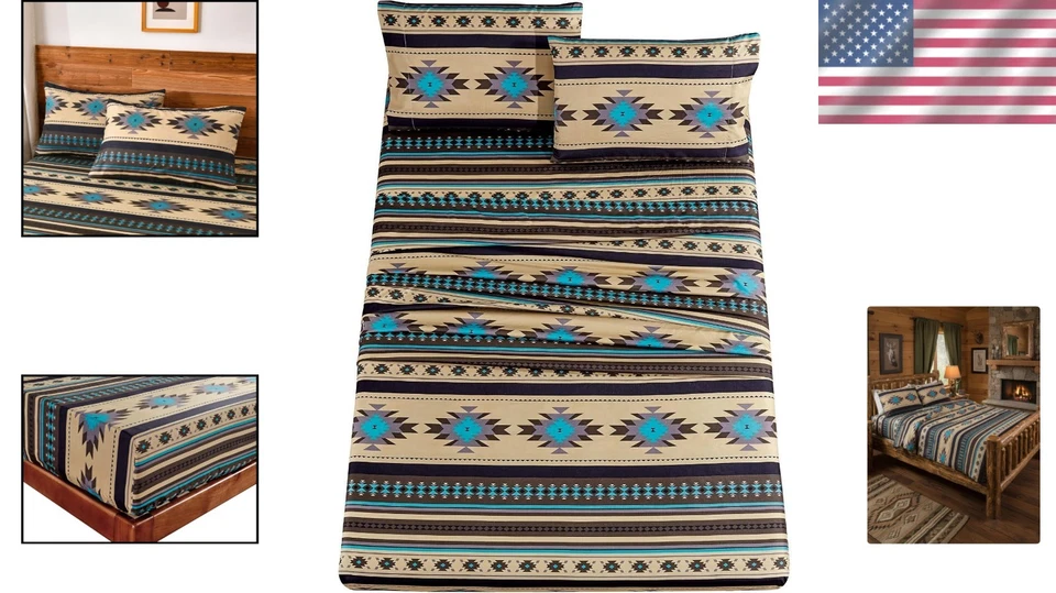 Elegante juego de sábanas Prescott Queen de 4 piezas - patrones geométricos verde azulado y tribales Foto 2 de 4