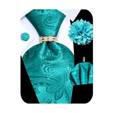 5PCS Mens Silk Designer Tie, Pocket Square, Teal Paisley Tie Set -392 6