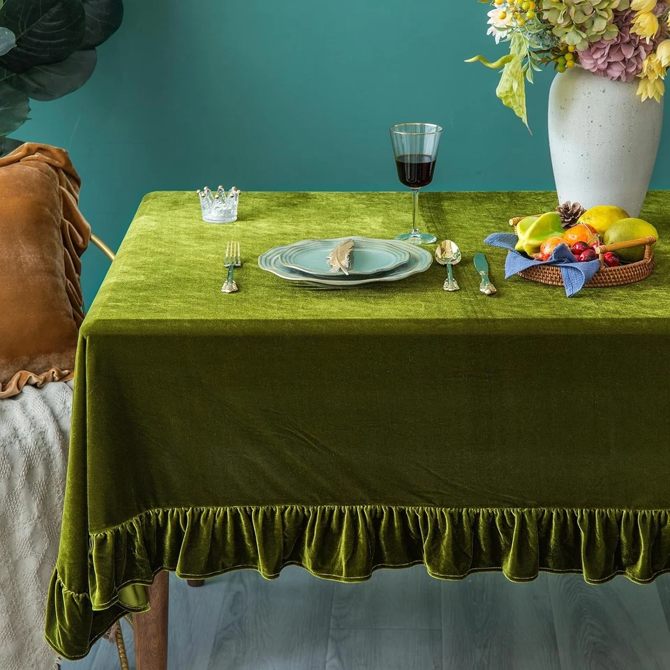 Velvet Tablecloth Luxurious 102" x 60" (Rectangular), Olive Green - Image 4 of 4