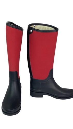 Hunter Bessy Unisex 7B / Regenstiefel rot schwarz Gummi Reißverschluss hinten kniehohe Stiefel - Bild 1 von 3