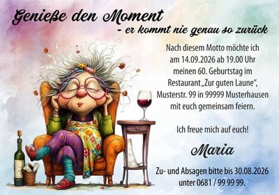 Lustige Einladungskarte Geburtstag 50,60,70 Moment genießen inkl. Umschläge Frau