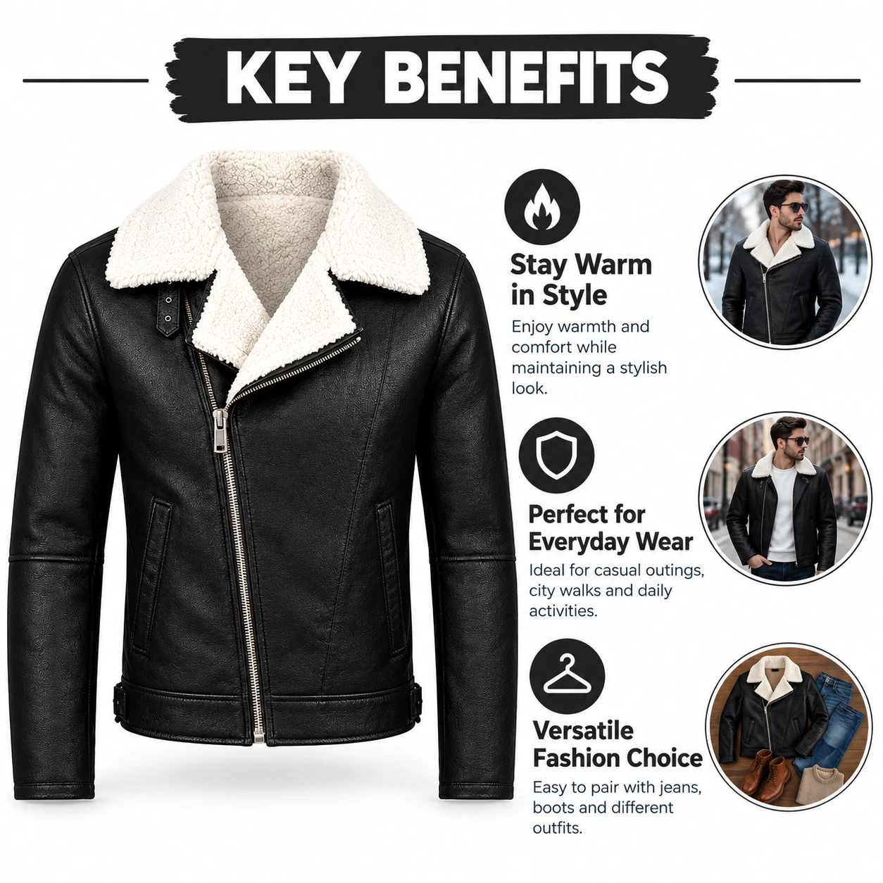 Men’s B3 Aviator Jacket Shearling Sheepskin Leather Bomber Flight Coat Winter image 4