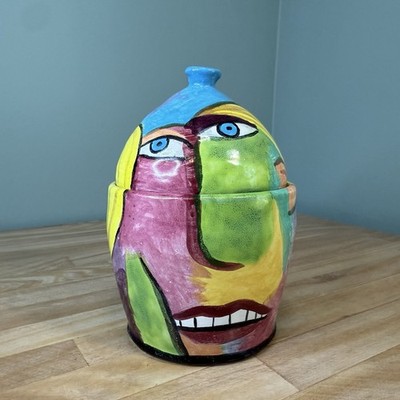 VTG Picasso Style Face Art Pottery Canister Jar Cubism Abstract Hand Painted 7 H