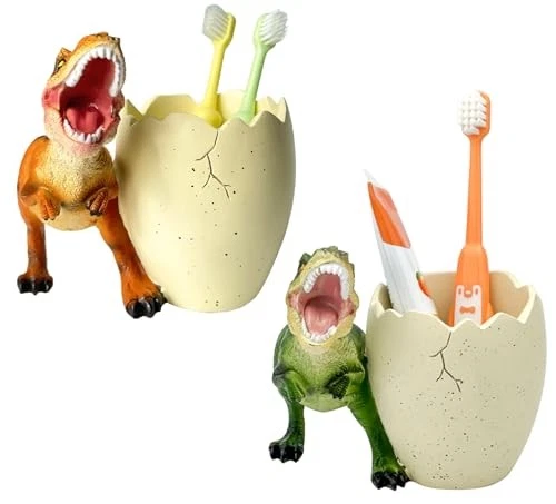  2 PIEZAS Soportes de Cepillo de Dientes Dinosaurio Niños para Baños - Lindo Dino Verde + Naranja Foto 2 de 4
