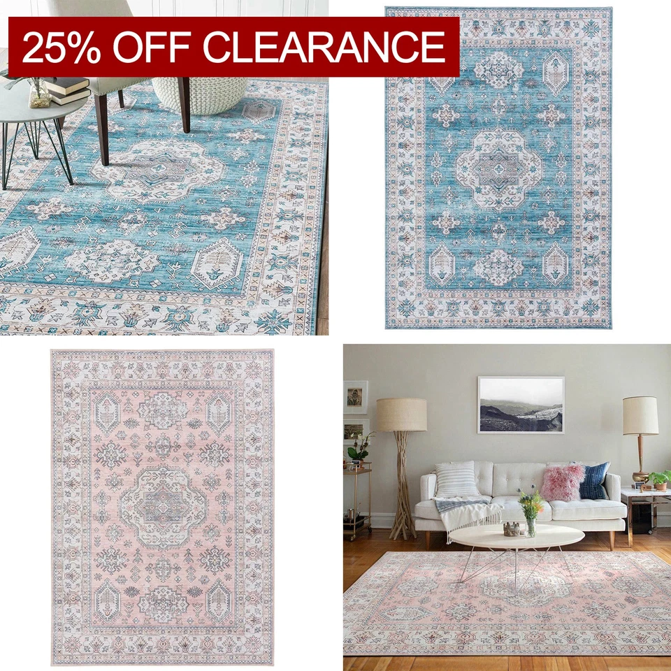 Clearance Large Rug Pink Blue Tribals Dining Room Carpet Washable Rug Runner