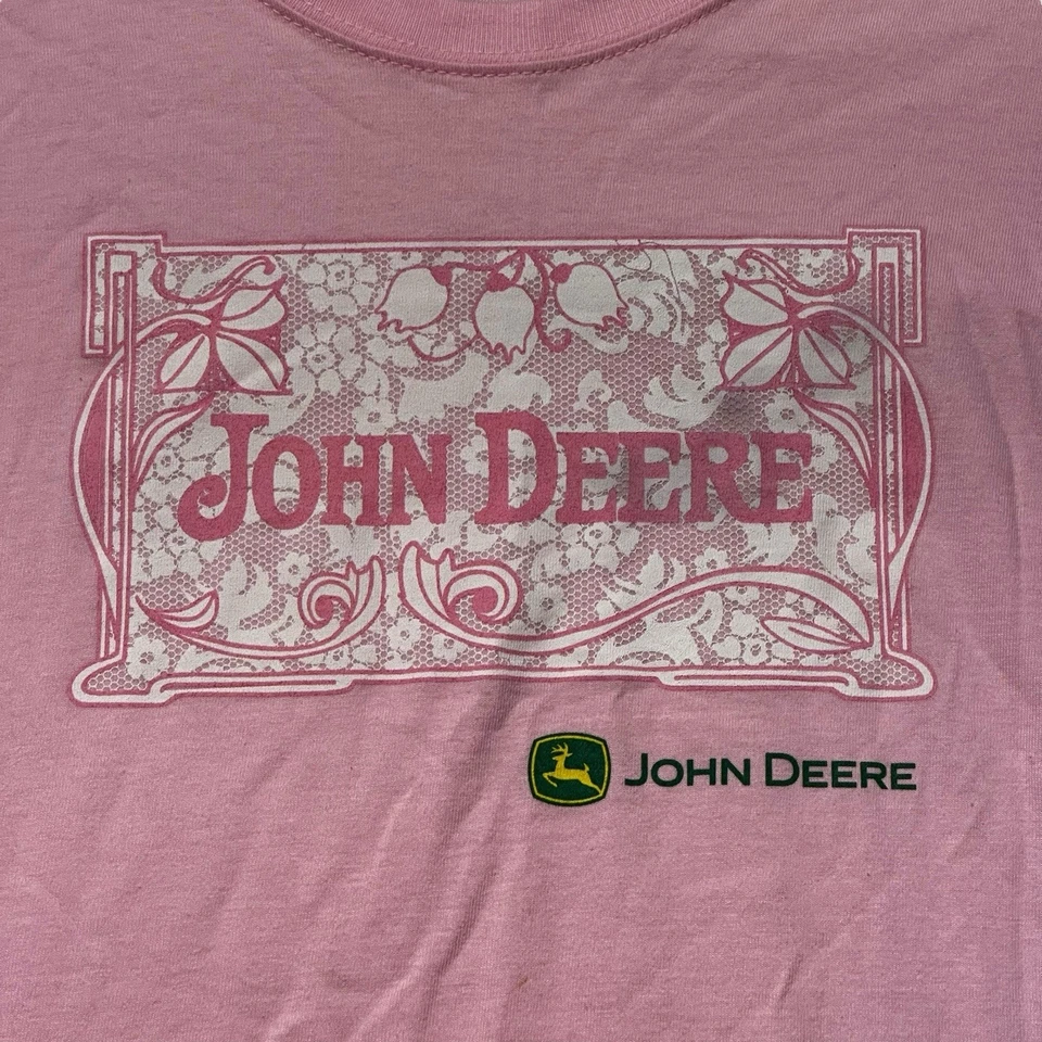 John Deere Pink Floral Logo Long Sleeve Graphic Tee Cotton Girls XL (15/17) - Image 3 of 4