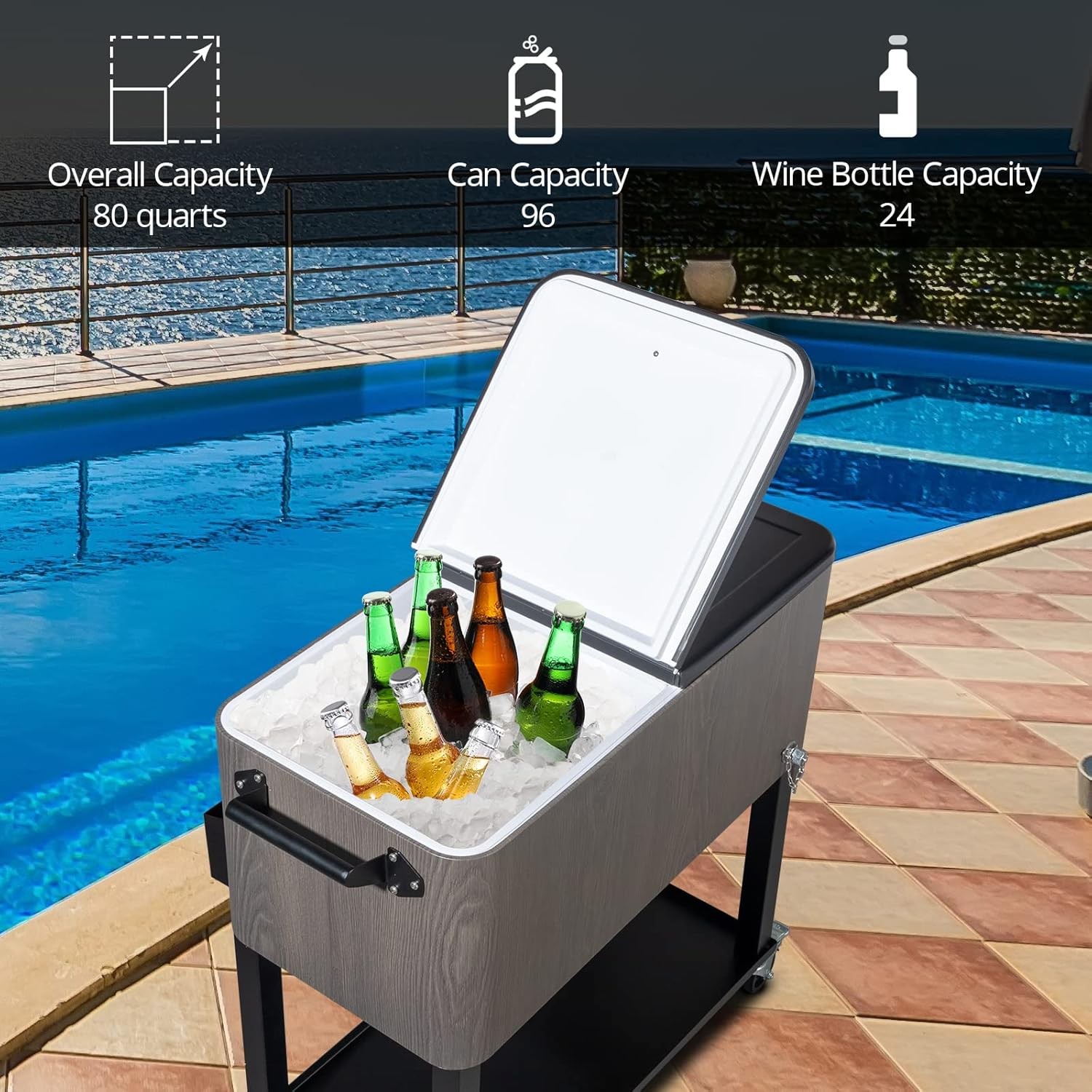 80 Quart Rolling Ice Chest on Wheels, Patio Cooler Cart, Beverage Rolling Cooler