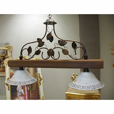 RUSTIC wrought iron CERAMIC and WOOD kitchen tavern pub barbell chandelier