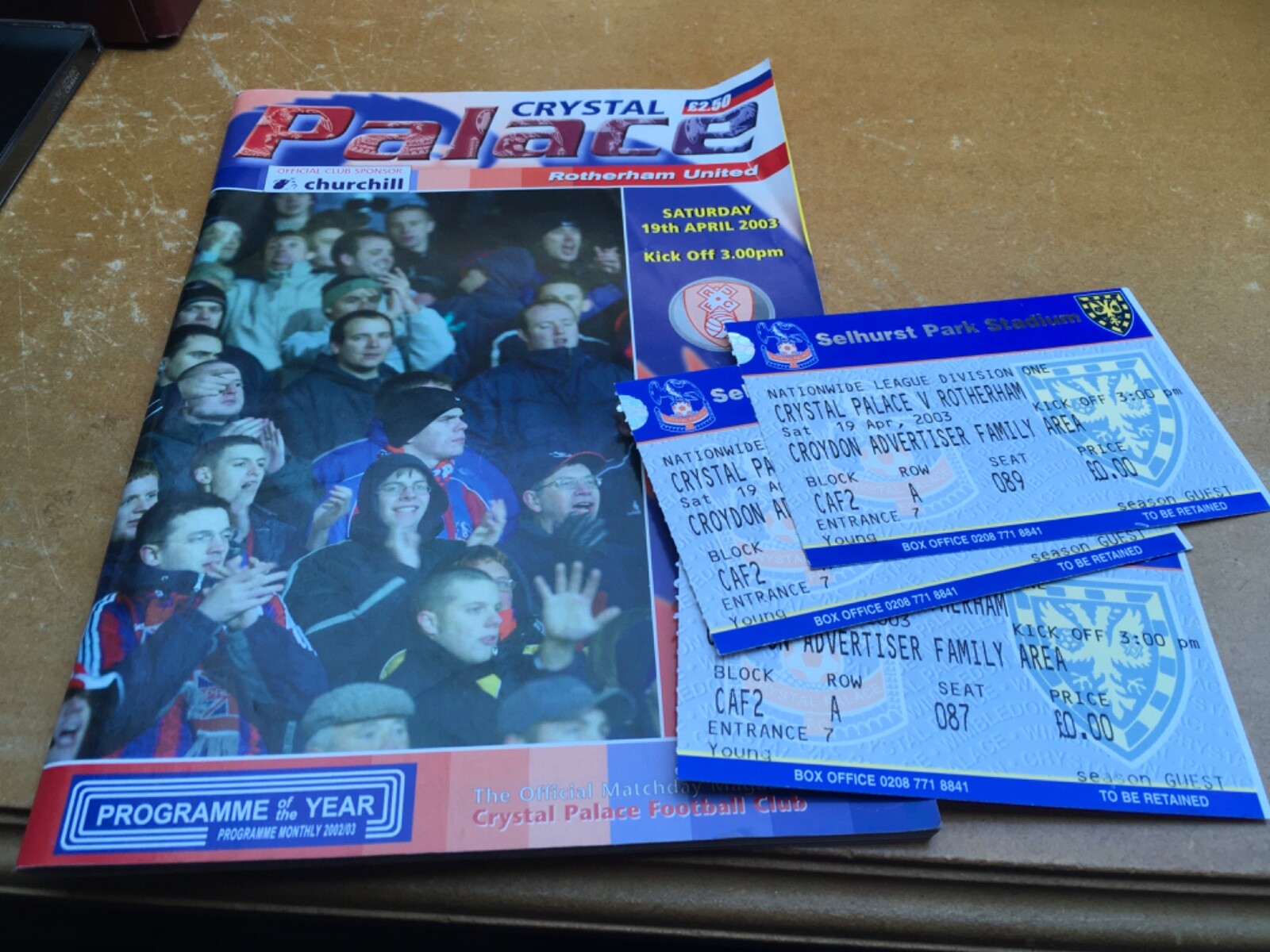 Crystal Palace vs Rotherham United 2003 Football Programme & Ticket