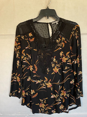 Daniel Rainn Lace Detailed Jersey Knit Blouse WOMENS SIZE L LARGE BLACK NEW