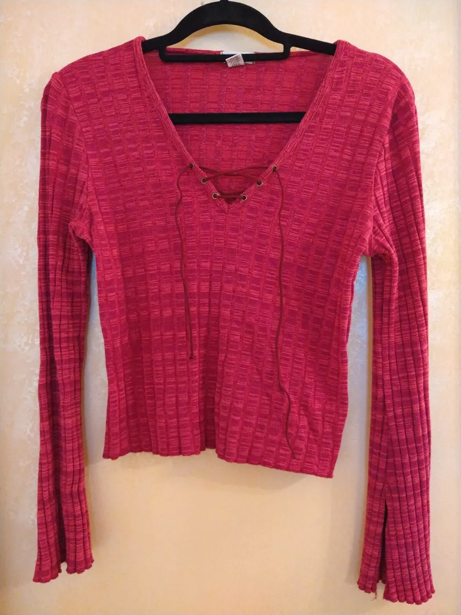 l.e.i. leather lace up red wine ribbed knit stretch slit bell sleeve Blouse W L