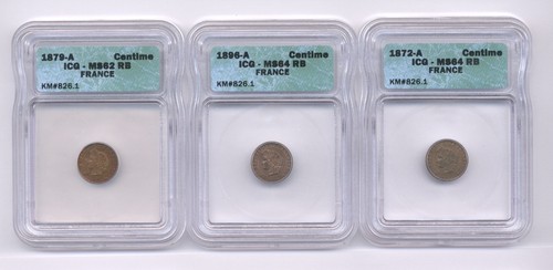 FRANCE 1 CENTIME COINS CERTIFIED ICG CHOICE UNCIRCULATED: 1872-A, 1896-A, 1879-A - Picture 2 of 3