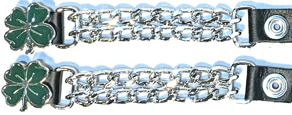2 FOUR LEAF CLOVER IRISH DIAMOND CUT CHROME CHAIN MOTORCYCLE VEST EXTENDERS USA  - Image 2 of 2