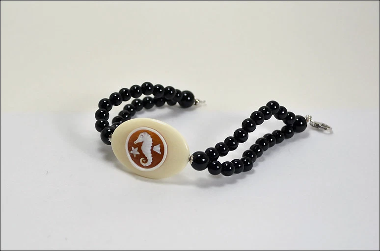 Pulsera de Plata 925 Con Ónix Camafeo Sardónico Caballito Marino Agrp 024a - Imagen 2 de 3