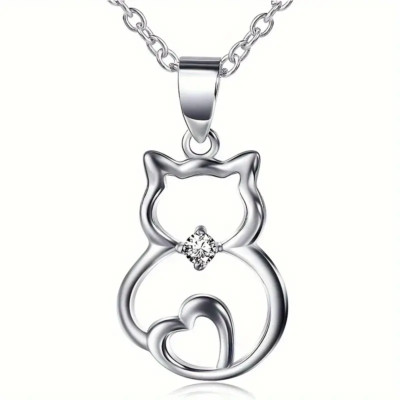 Kitty Corner Women's Necklace Silver with Jewel Cat Shape Pendant 