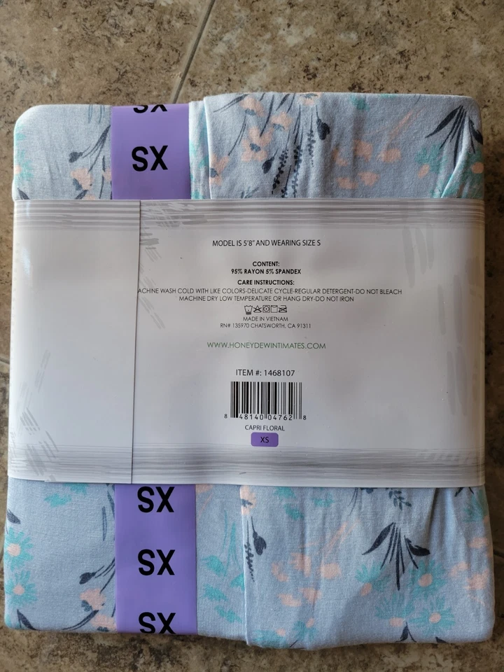 Conjunto de pijama de 3 piezas jersey súper suave Honeydew para mujer Capri rosa azul floral XS Foto 2 de 2