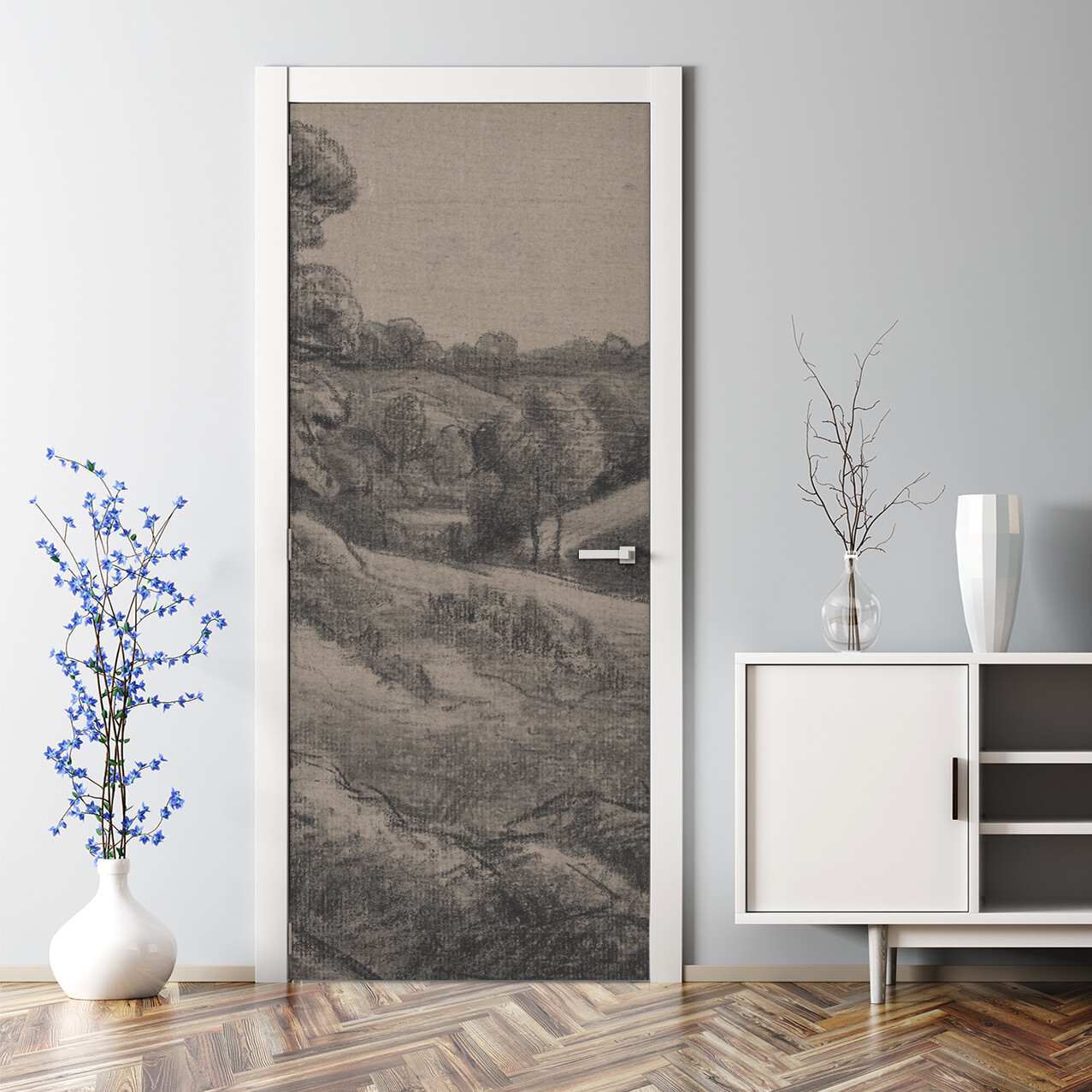 grey Countryside Bubble Free Door sticker Decal Peel and Stick Retro Vintage