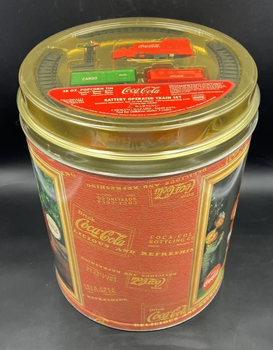 Vintage SEALED Coca Cola Large Popcorn Santa Tin Battery Operated Train Set