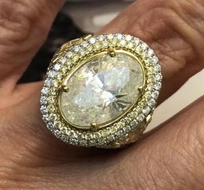 Oval Shape 16.01ct Yellow Citrine & 8.00ct White CZ Engagement Double Halo Ring