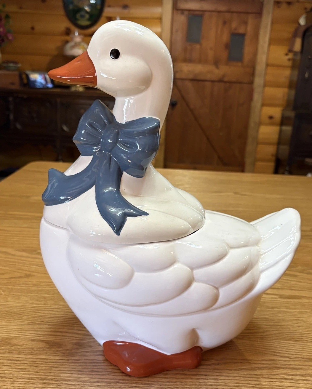 Vintage 1980’s Ceramic Goose Duck Ceramic Cookie Jar Blue Bow Large Size 13.50”
