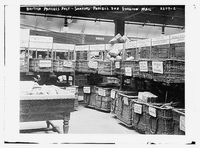 British Parcels Post-sorting parcels for foreign mail,1910-1915,mail,baskets