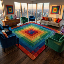 Tappeto Lana Astratto Arcobaleno | Tappeto Geometrico Quadrato e Rettangolare | Mano Colorata