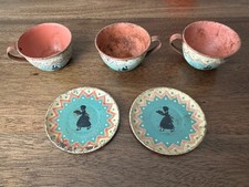 Vintage Ohio Art Tin Tea Set Cup Saucer Plate Mid Century 5-pieces MCM