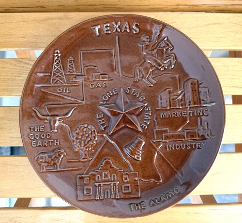 Vintage Brown FRANKOMA Texas State Souvenir Plate ~ 8 1/4"