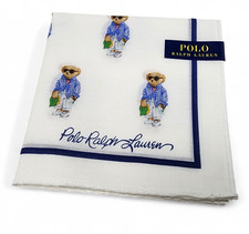 Polo Ralph Lauren Bear Handkerchief Scarf 100 Cotton White Navy 49cm