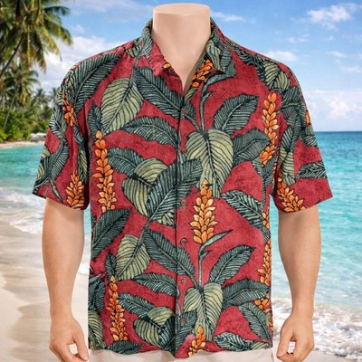 Tommy Bahama Hawaiian Aloha Shirt 2XL Tropical Flowers Leaf Fronds Floral Red
