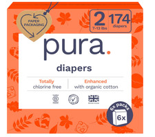 Pura 174 Pack Eco-Friendly White Unisex Size 2 Disposable Baby Diapers 0.30 per diaper