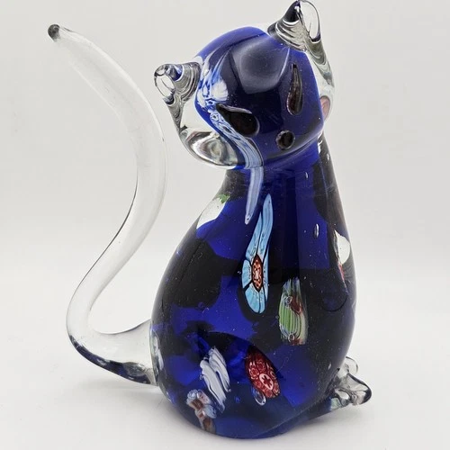 Vintage Cobalt Blue Art Glass Cat Figurine Murano Style Millefiori Hand Blown 4”