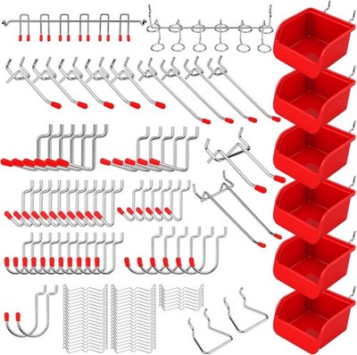 SEDY 121-Pc Red Pegboard Hooks Set, Metal Peg Board Organizer & Bins
